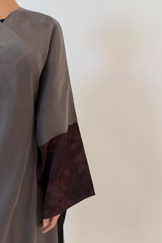Quarter Bisht – Grey Washed Japanese Silk with Bla...