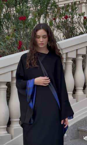 Black Crepe Bisht Lined in Black and Royal Blue Si...