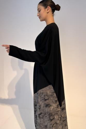 Half Bisht – Black Crepe with Grey Printed Japanes...