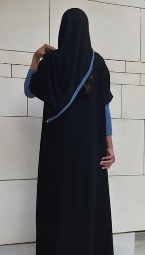 ‏Black abaya with blue collar