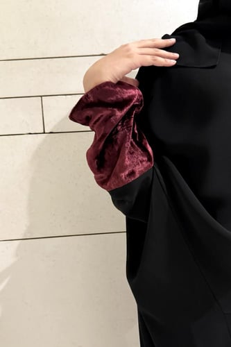 Half Bisht – Black Crepe with Burgundy-Red Japanes...
