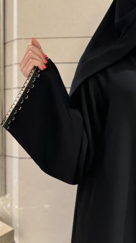 A line Black abaya with black and gold lace trim