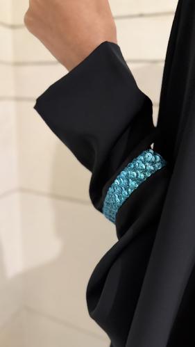 Black Half Bisht With Turquoise Sequins