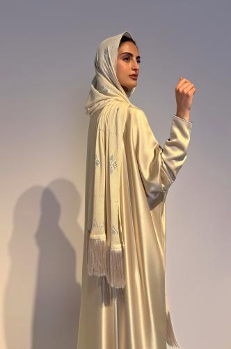 Half Bisht — Rich Ivory Japanese Crepe with Silver Naqda Embroidery