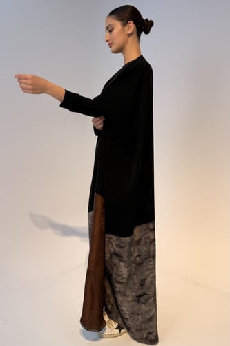 Half Bisht – Black Crepe with Grey Printed Japanes...