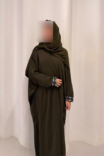 Half Bisht – Dark Olive Abaya with Multicolor Geom...