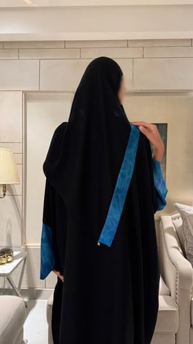 Black Crepe Bisht with Sleeves Lined in Blue Chiff...