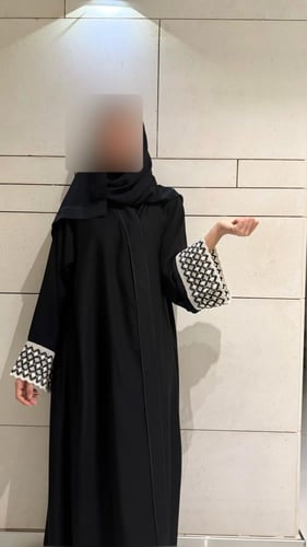 A-line Black Abaya with Black and Off-White Croche...
