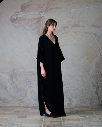 Hooded Dress – Dark Navy Velvet