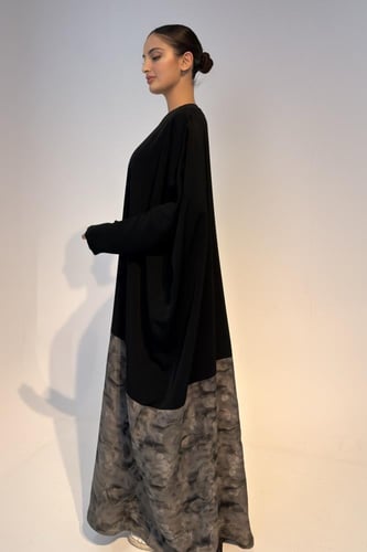Half Bisht – Black Crepe with Grey Printed Japanes...