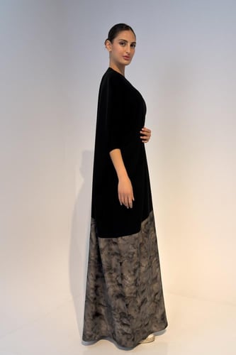 Half Bisht – Black Crepe with Grey Printed Japanes...