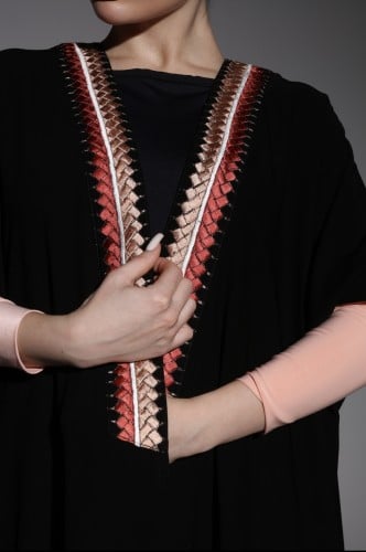 Black abaya with Peachy braided collar
