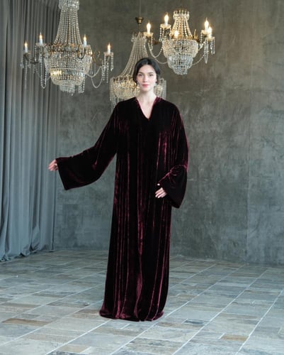 ‏A-Line Silk Deep Burgundy Velvet Abaya