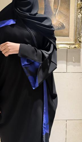 Black Bisht Lined In Black Royal Blue Print