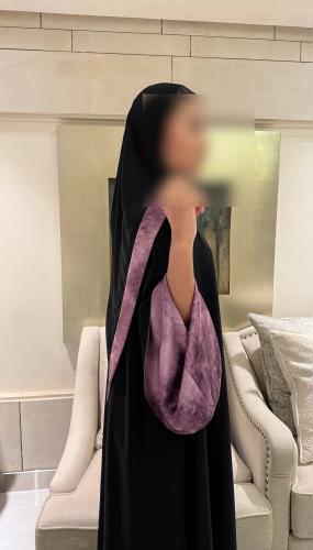 Black Crepe A line with Bell Sleeves Lined in Purp...