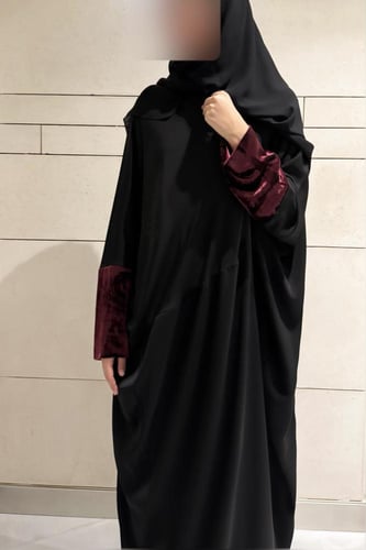 Half Bisht – Black Crepe with Burgundy-Red Japanes...