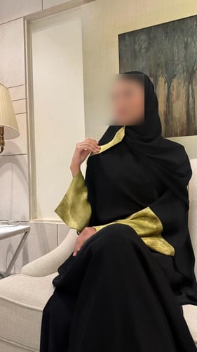 Black Crepe Bisht with Sleeves Lined in Yellow Chi...