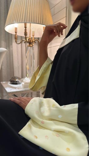 Black A-line abaya with glistering butter yellow s...
