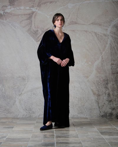 Hooded Dress – Japanese Silk Velvet – Royal Navy