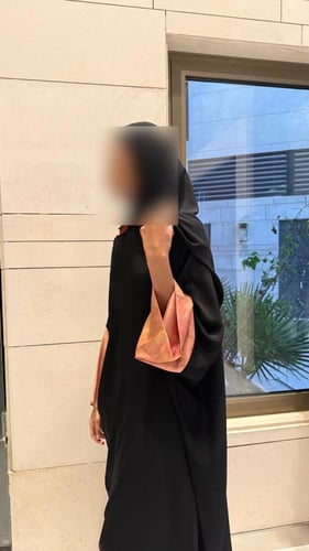 Black Crepe Bisht with Sleeves Lined in Orange Chi...