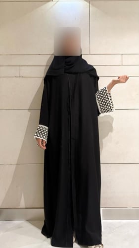 A-line Black Abaya with Black and Off-White Croche...