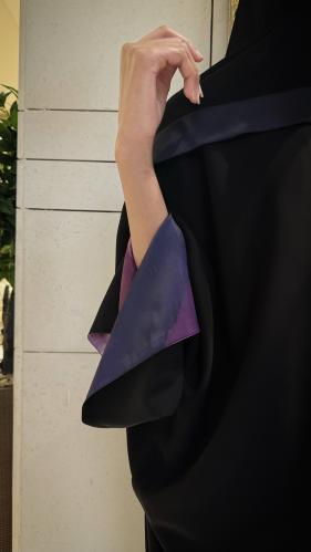 Black Bisht Lined In Black Purple Print