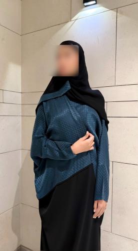 Turquoise Japanese printed silk with Black half bi...