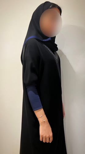 ‏Black abaya with Navy braided collar