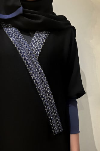 ‏Black abaya with Navy braided collar