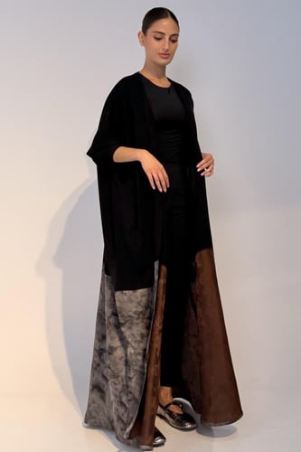 Half Bisht – Black Crepe with Grey Printed Japanes...