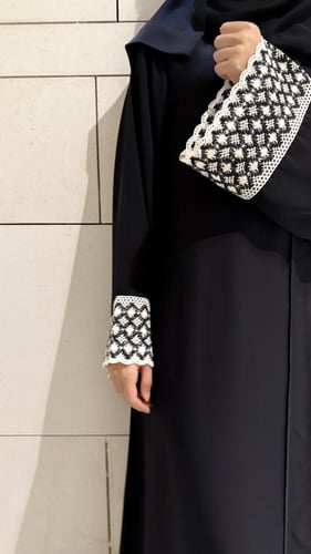 A-line Black Abaya with Black and Off-White Croche...