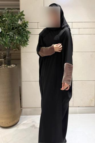 Half Bisht-Black Crepe with Dusty Pink Japanese Ve...