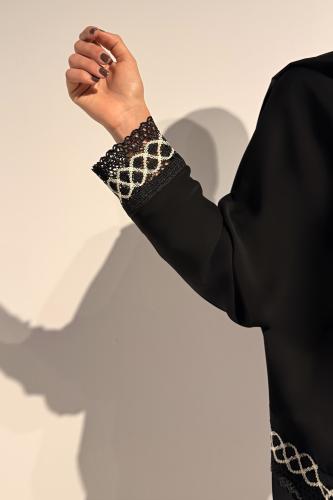 Half Bisht — Black Crepe with Off white Textured Mesh Detail