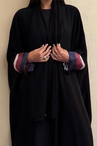 Half Bisht — Black Crepe with Navy & Burgundy Satin Sleeves