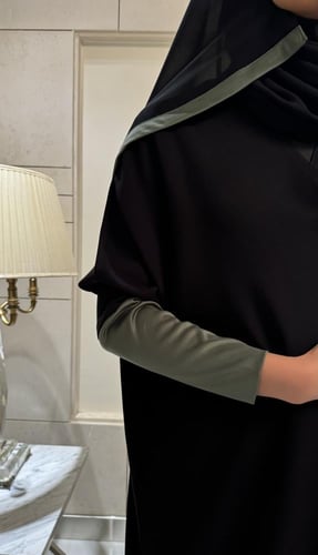 Black abaya with Oil- green stretch sleeves