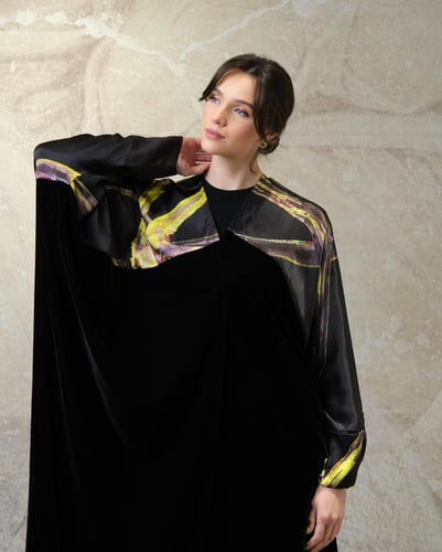 Bisht Black Velvet with Pure Black Colorful Prints...