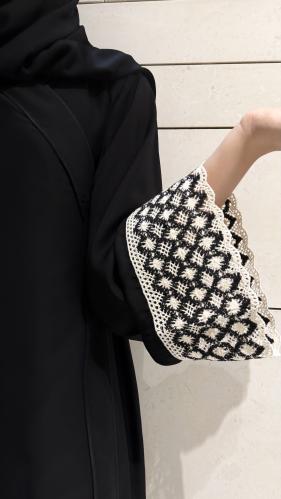 A-line Black Abaya with Black and Off-White Croche...
