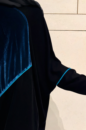 Half Bisht – Black Velvet with French Turquoise Si...
