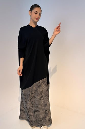 Half Bisht – Black Crepe with Grey Printed Japanes...
