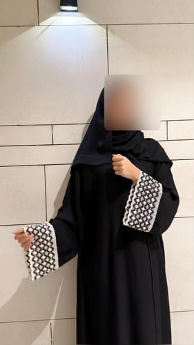 A-line Black Abaya with Black and Off-White Croche...