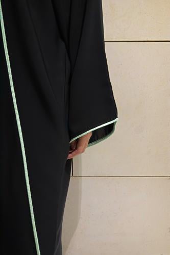Quarter Bisht — Black Crepe with Mint Green Trim