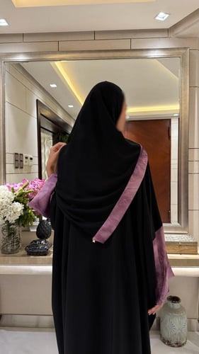 Black Crepe Bisht with Sleeves Lined in Purple Chi...