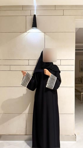 A-line Black Abaya with Black and Off-White Croche...