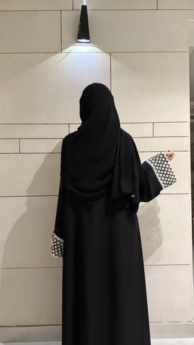 A-line Black Abaya with Black and Off-White Croche...