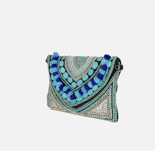 Hand Embroidered Turquoise Clutch