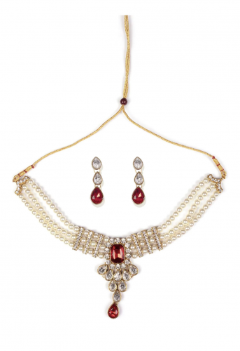 Red Crystals Stone & Pearls Necklace Set