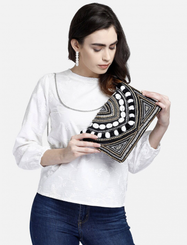 Hand Embroidered Black & White Clutch