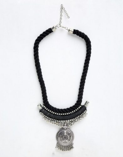 Silver-Plated & Black Handcrafted Oxidised Necklac...