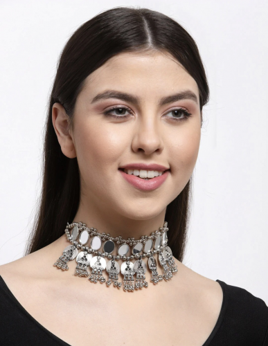 Oxidized Silver-Toned Brass Plated Mirrored Choker