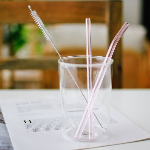 2 مزاز زجاج وردي + فرشاة تنظيف